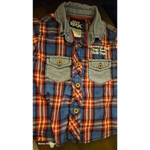 12 Month Rock Red & Blue Plaid Button-Up Shirt Denim Accents & Embroidery